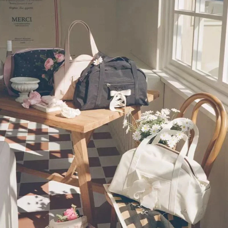 Y2K Korean Bow Tote Bag Oi Nylon Thick Waterproof Tie Strap Single Shoulder Crossbody Tote Fitness High-capacity Bag Girl New