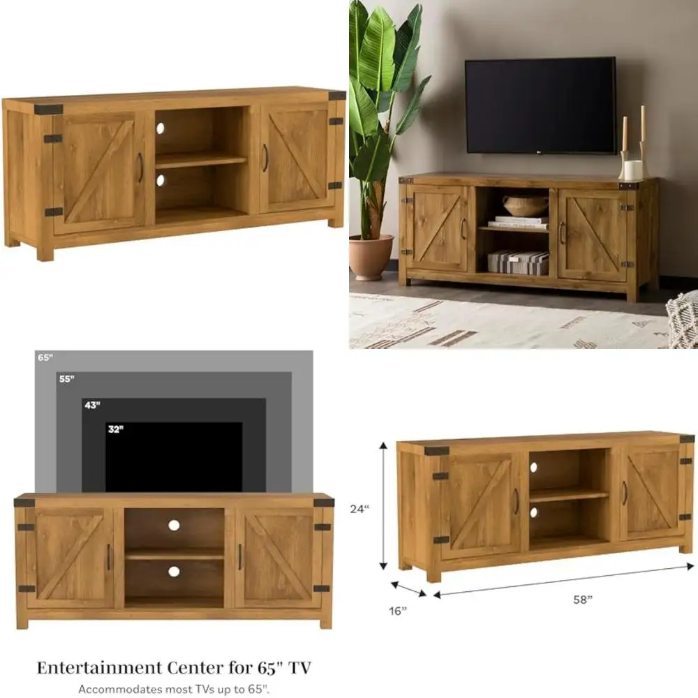georgetown modern farmhouse double barn door tv stand for tvs up to 65 inches, 58 inch, barnwood