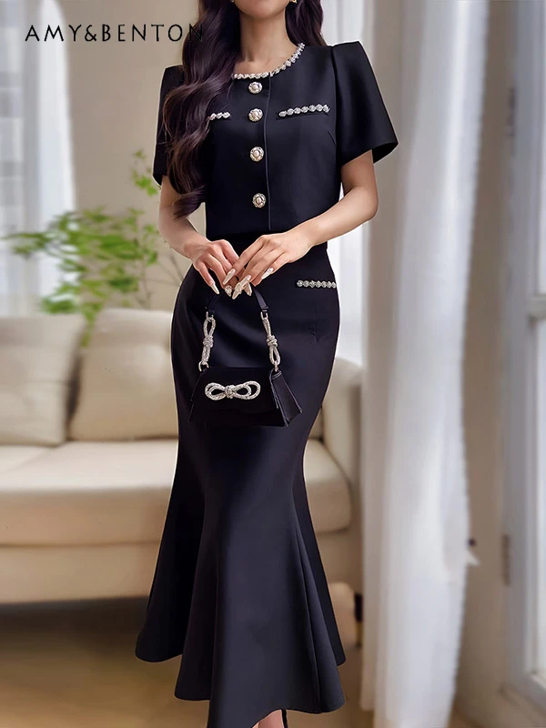 

High-End Elegant Hepburn Style Heavy Industry Beads Top Slim Fishtail Skirt Two Piece Sets Womens Outifits French Socialite Suit