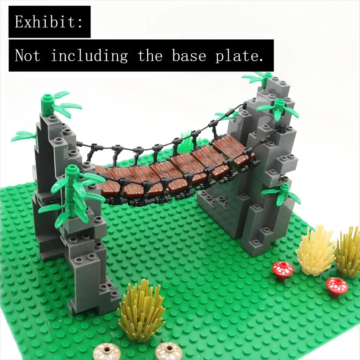 MOC-escena de partículas pequeñas, puente de suspensión superior de montaña, bloques de construcción, puente de cadena de acantilado, modelo de escalera suave de tablón de madera