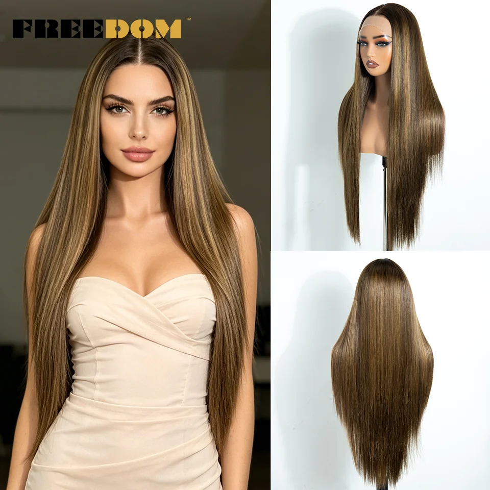 FREEDOM 13X4 Pre Plucked Synthetic Lace Front Wigs For Black Women Natural Hairline Straight 30 Inch Ombre Brown Wig Daily Use