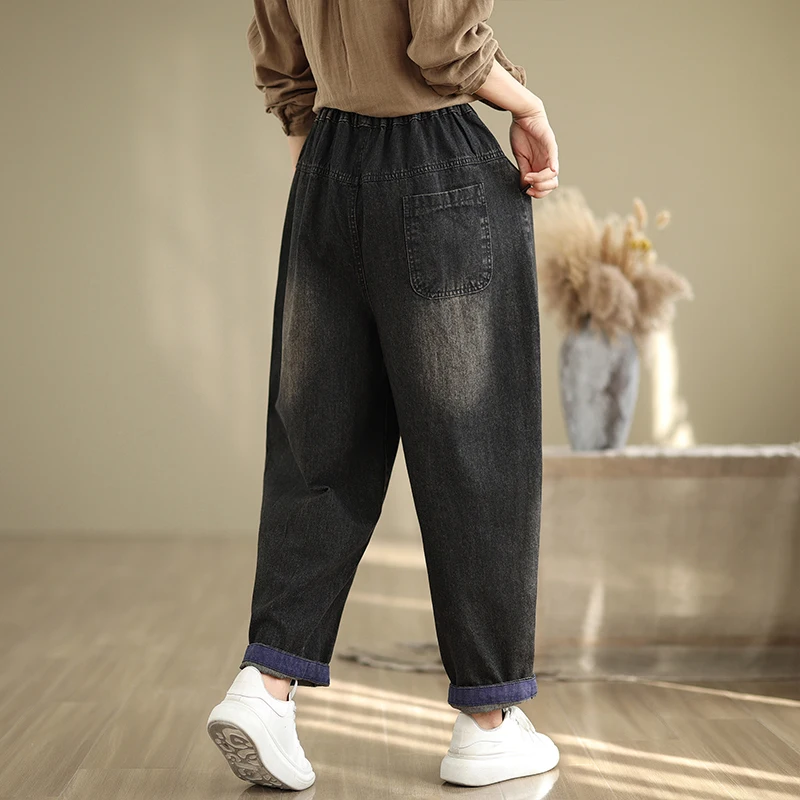 Solto casual faionable harajuku pai jeans bordado desgastado bainha cintura alta bla calças compridas outono sle plus size
