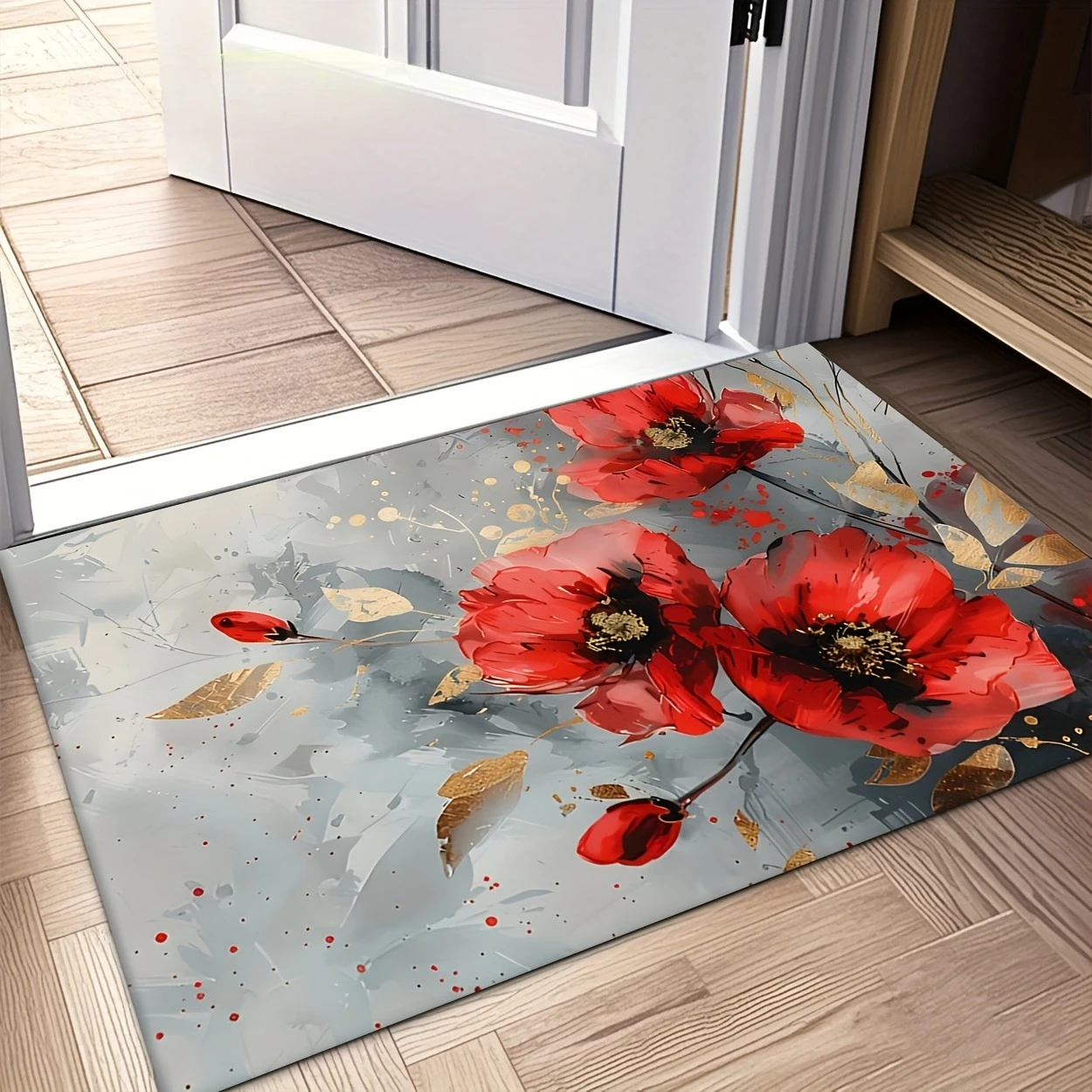 Lively Woodland Floor Mat Charming Fox Squirrel Deer with Floral Forest Scene Art Decor Rug for Home Entryway Space