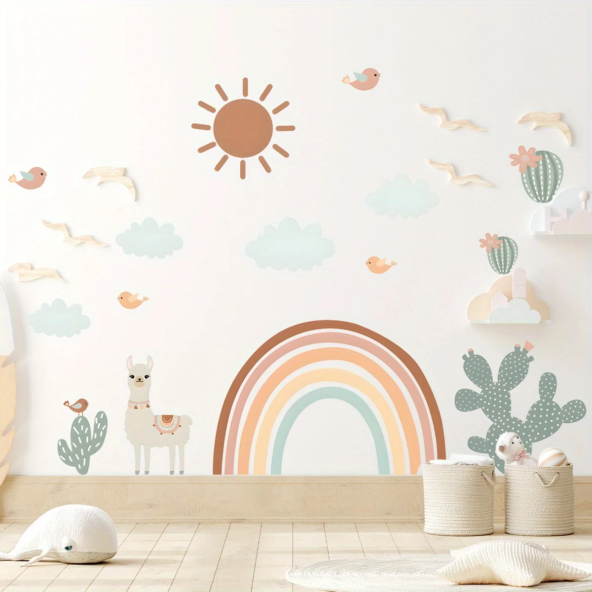 Pegatinas de pared de sol y Cactus de arcoíris de oveja bonita de dibujos animados, extraíbles para dormitorio, sala de estar, decoración de