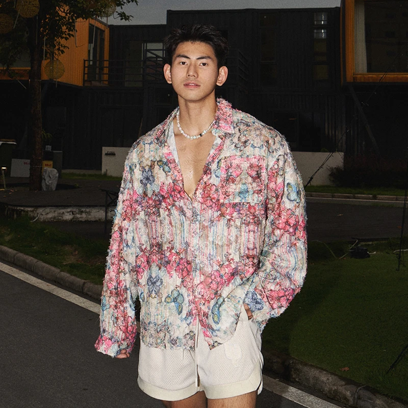 FEWQ Summer Casual Men Shirt Niche Printed Design Contrast Color Long Sleeve 2204 Korea Fashion Male Tops Loose 24E1923