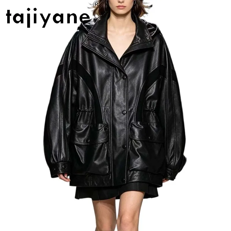 TAJIYANE Genuine Leather Jacket Woman Hood Oversized Jackets Vegetable Tanned Sheepskin Splicing Suede Womens Winter Coats Black