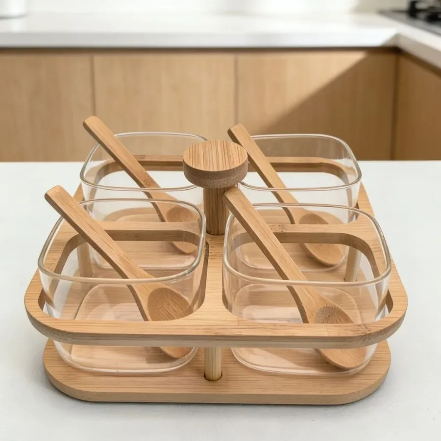 Bamboo Lid Rotatable Spice Jar Set, 360° Rotating Tray, Airtight Kitchen Condiment Storage Canister with Serving Spoons