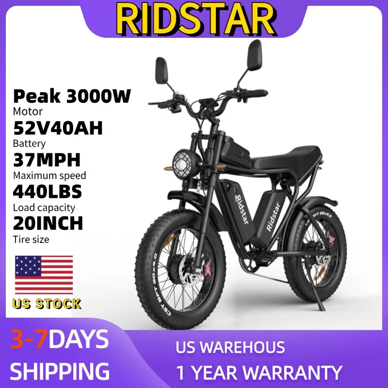 

Ridstar Electric Bike for Adults 3000W 52V 40Ah Dual Battery Dual Motor 20" Fat Tire Mountain Urban Electric Bicycle Dirt Bike
