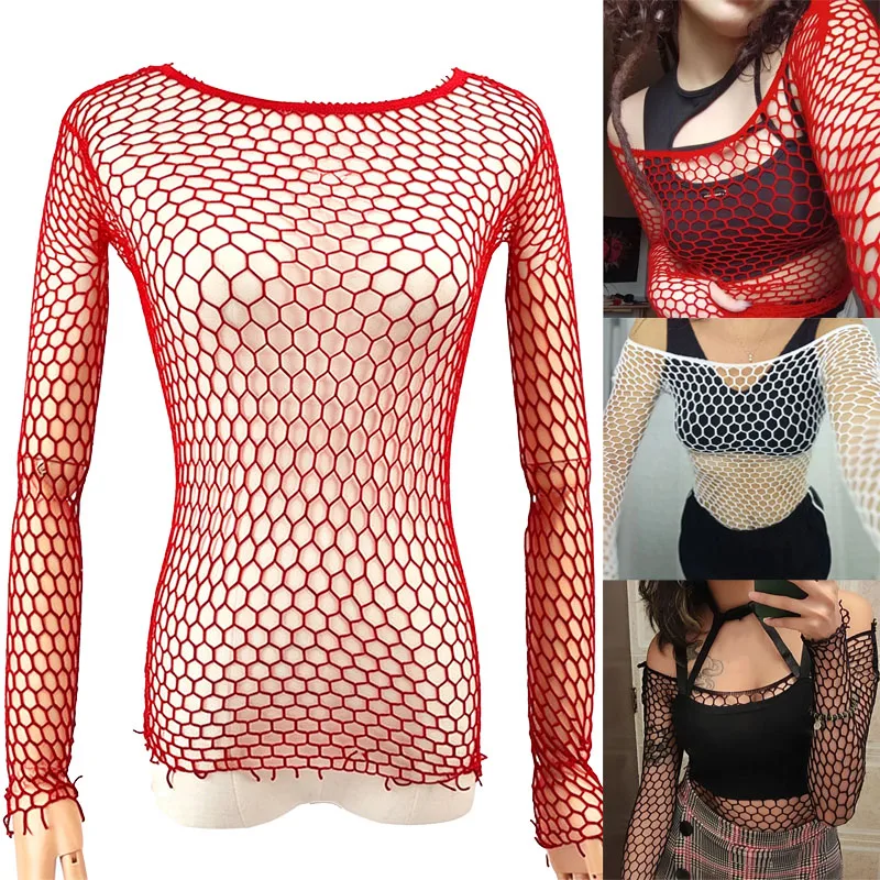 

6 Colors Women Sexy Fishnet Mesh Slim See-through Red Black White T-shirts for Female Nightclub Long Sleeve Tee Tops