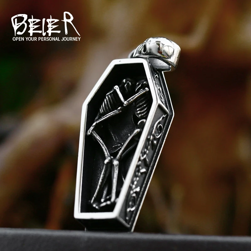 BEIER 2022 New Creative Designs Double Skull Coffin Necklace Pendant For Men Women Gothic Punk Jewelry Dropshipping