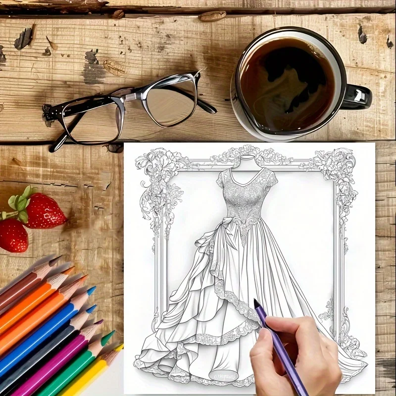 Buku Mewarnai 28 Halaman Pakaian Wanita Impian untuk Mengurangi Stres Dewasa |   Buku Mewarnai untuk Mengurangi Stres dan Mengatasi Suasana Hati