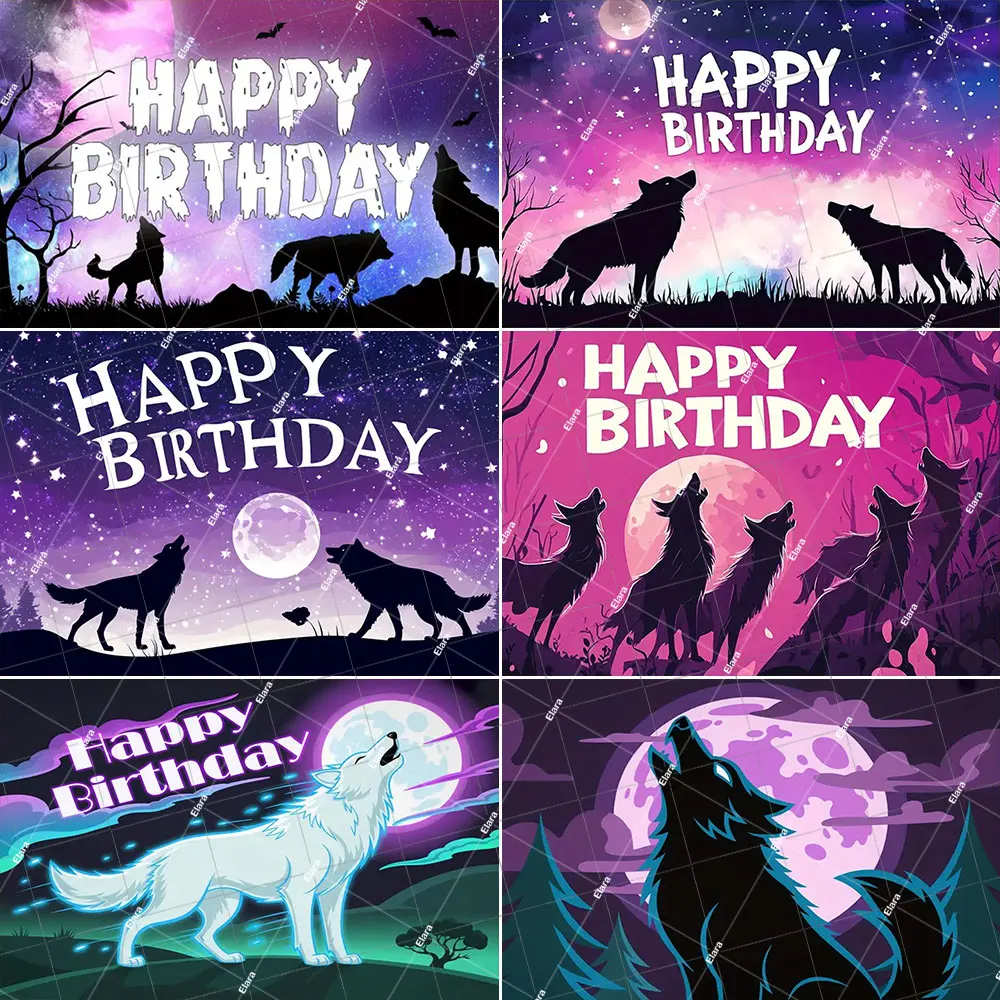 

Cartoon Galaxy Wolf Full Moon Night Theme Background Happy Birthday Party Forest Exploration Baby Shower Photo Booth Props