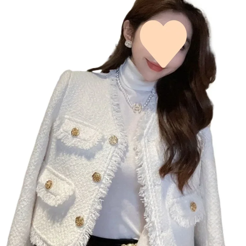 Xiaoxiangfeng jacket 2024 spring and autumn new light luxury high-end tweed French foreign style white short top women