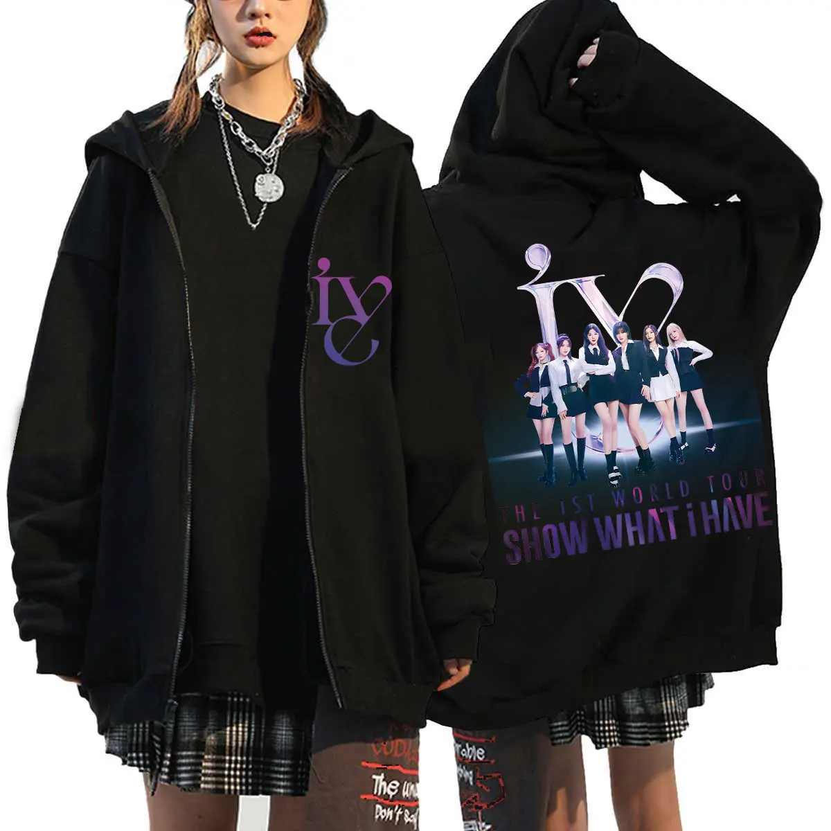 Kpop IVE World Tour Show Hoodie Men Long Sleeve Loose Jacket Coats Harajuku Casual Gothic Hooded Sweatshirt Y2K Streetwear