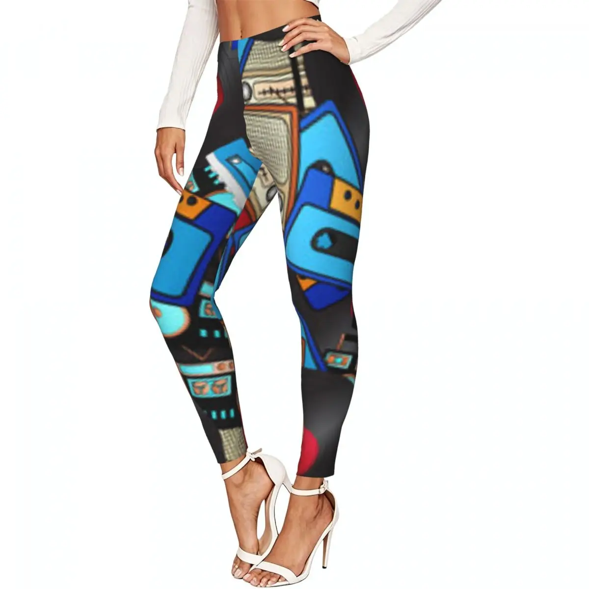 Ladies Elastic Waist Skinny Leggings Retro Hipster Music Audio Cassette Players And Tape Trousers For Daily Outdoor