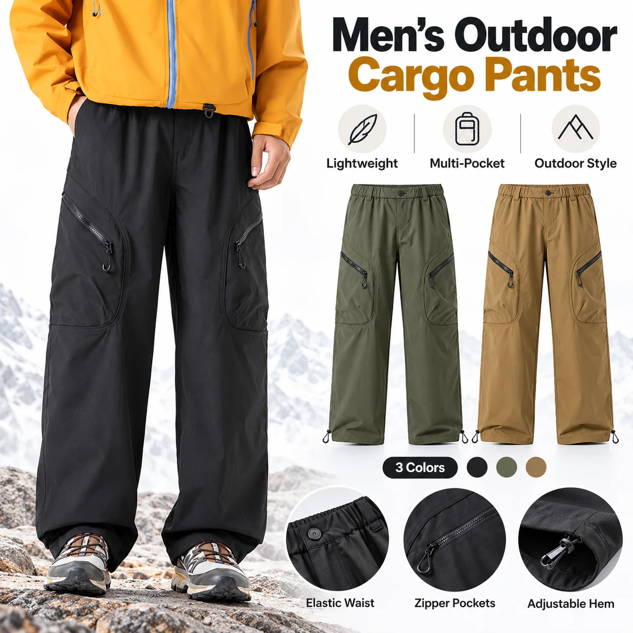 Men Outdoor Cargo Pants Lightweight Quick Dry Multi Zipper Pocket Elastic Waist Drawstring Hem Loose Straight Hiking Casual Pant