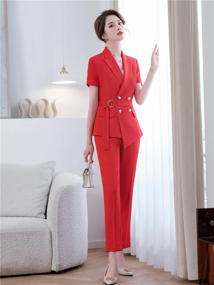 Red Pants Suit for Women Sexy V-Neck Belt Short Sleeve Blazer Coat+Pants Trousers Female Office Suit 2 Pcs Sets 2024  Summer