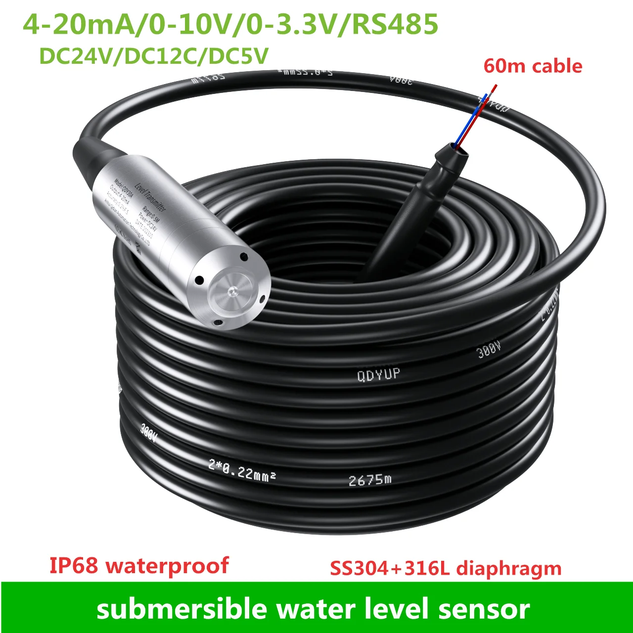 

60m cableLiquid Level Sensor Transmitter 4-20mA 0-10V Submersible Liquid Level Sensor 0-3.3V Water Level Meter