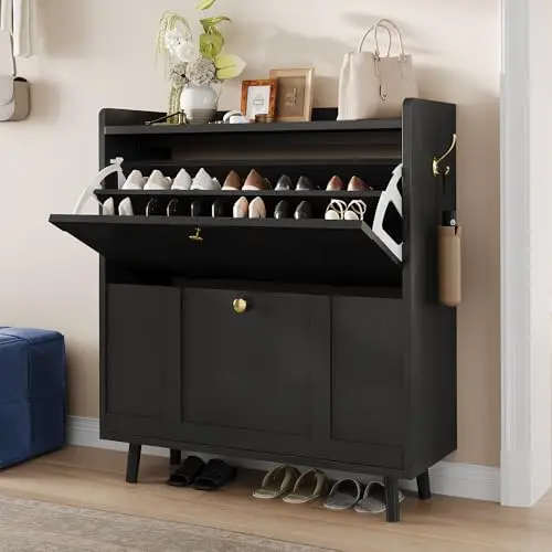 Shoe Cabinet with 2 Flip Drawers, Slim Shoe Storage Cabinet for Entryway, Narrow Shoe Organizer with Top Shelf, Side