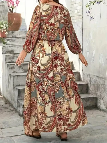 Imagen 2 del producto Vestido elegante de manga larga con estampado paisley de talla grande para mujer con cintura con cordón para adelgazar, estilo festivo, estampado de estilo étnico