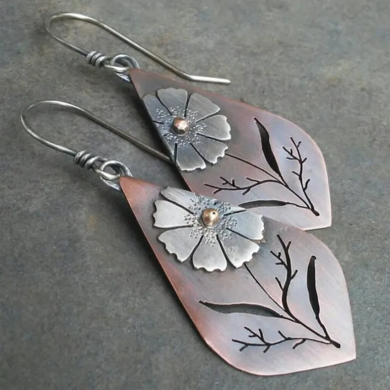 Vintage Hand Carved Hollow Branch Flower Dangle Women's Earrings Ancient Red Copper Color Metal Geometry Anniversary Gift