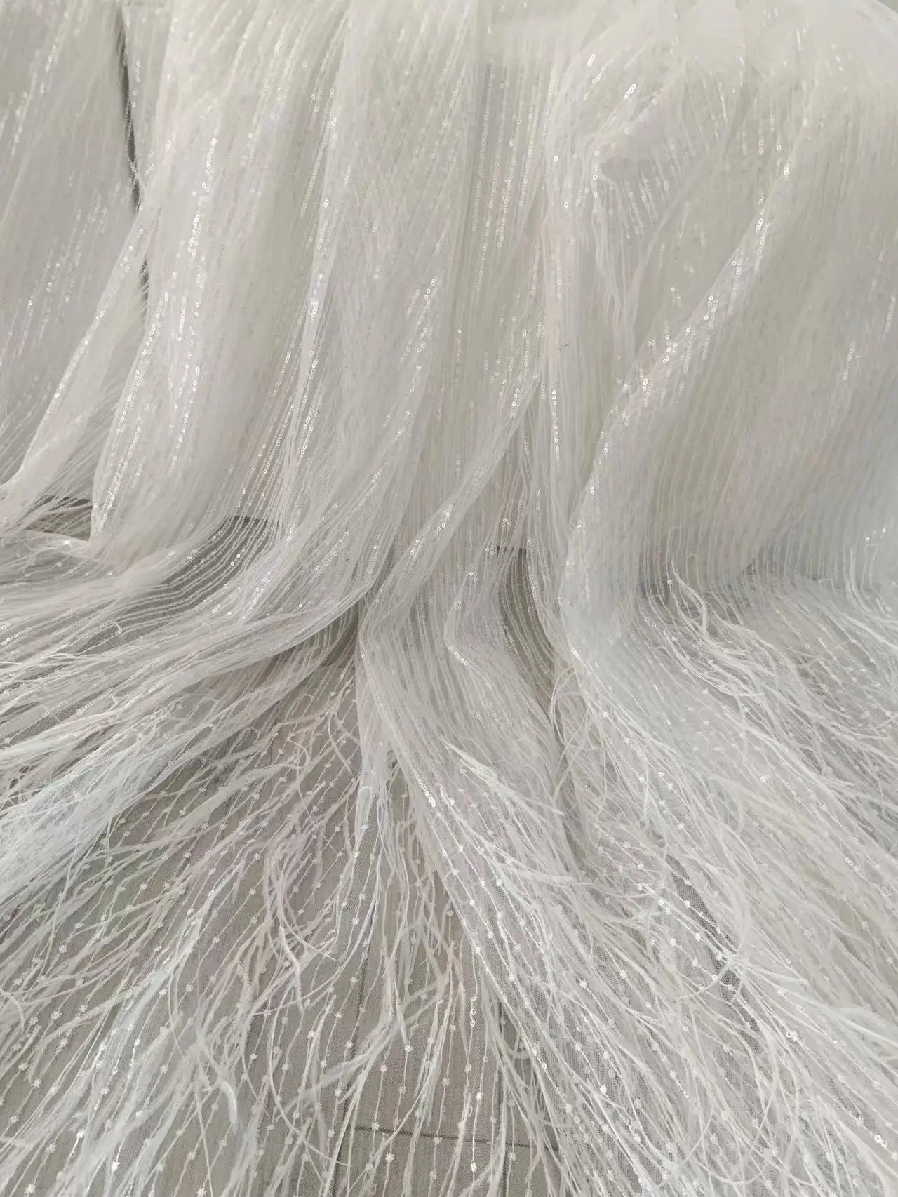 

1 Yard Off White Ostrish Feather Tulle Lace Gauze Fabric with Sequins Beaded for Haute Couture,Ball Gown,Bridal Dress,Clothes