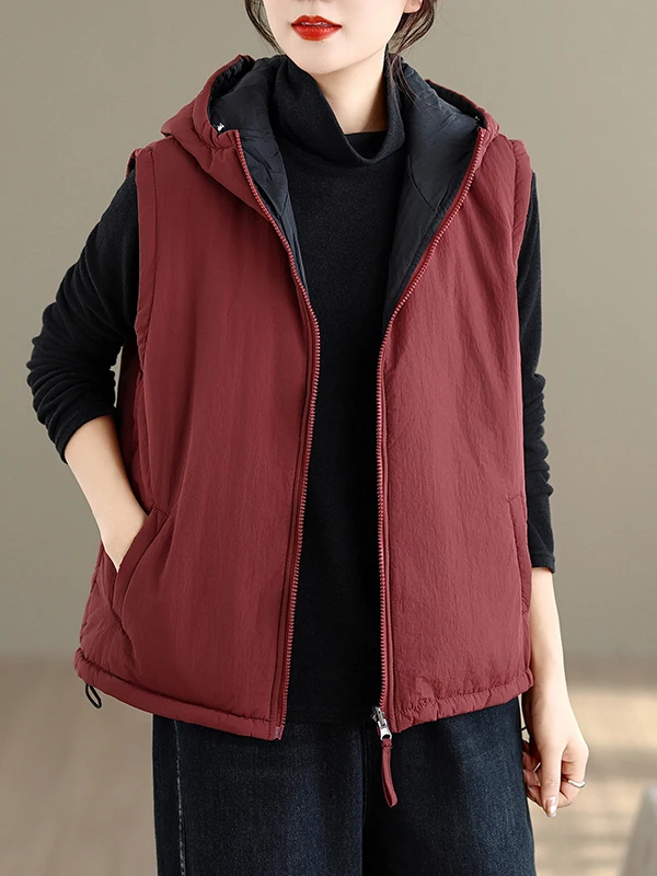 Fashionable Double-Sided Wearable Hooded Vest Women's Spring Autumn plus Size Slimming Outerwear Shoulder Pad Top Coat