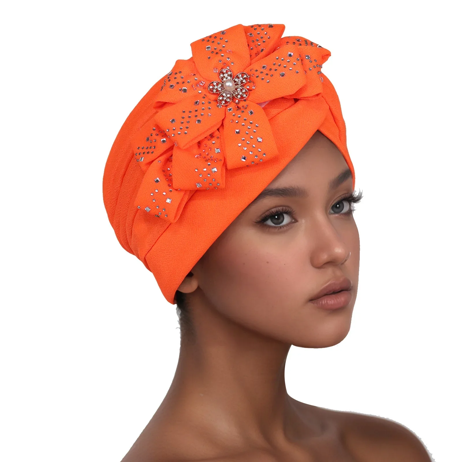 

African Women Headscarf Diamonds Turban Muslim Hijab Pleated Headwear Cancer Chemo Cap Beanies Bonnet Flower Head Wrap Turbante