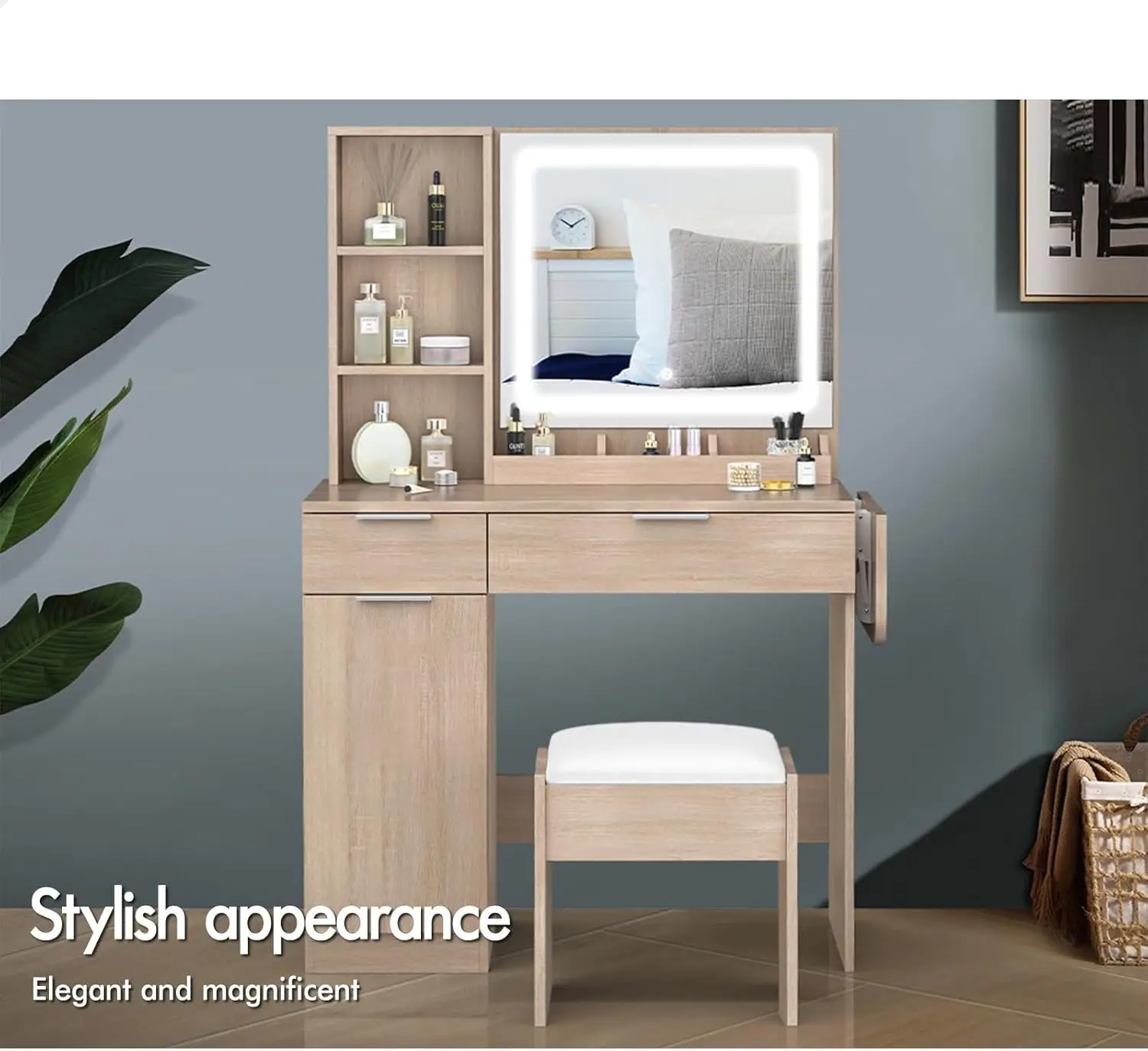 with Flipable Countertop, Wood Dressing Table Chair Set with LED Mirror, Open Shelves and Drawers, Makeup Organiser Vanity Desk