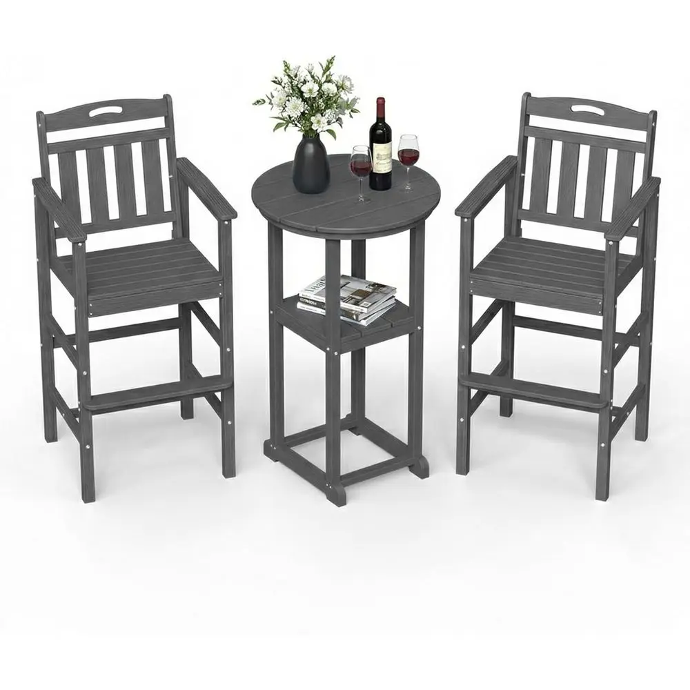 

All-Weather Outdoor High Top Bar Set of 3, Space-Saving Bistro Table and Chairs, Grey, with Storage Shelves for Balcony or Deck