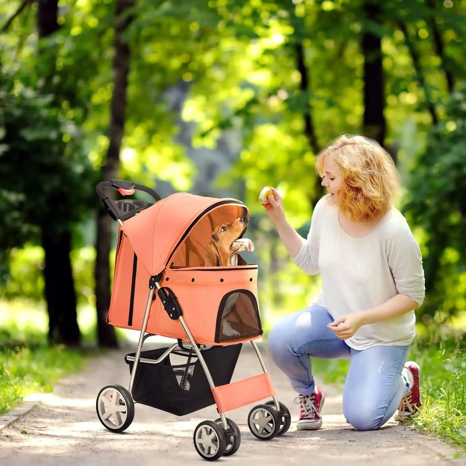 

Pet Stroller,4 Wheels Folding Flexible Easy to Carry for Jogger Jogging Walking Travel Up with Rain Cover Cup Holder Mesh Window