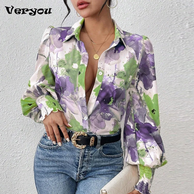 Fashion Women Casual Shirts Spring Autumn New Painted Big Flower Button Blouses For Women Fashion Long Sleeve Shirt