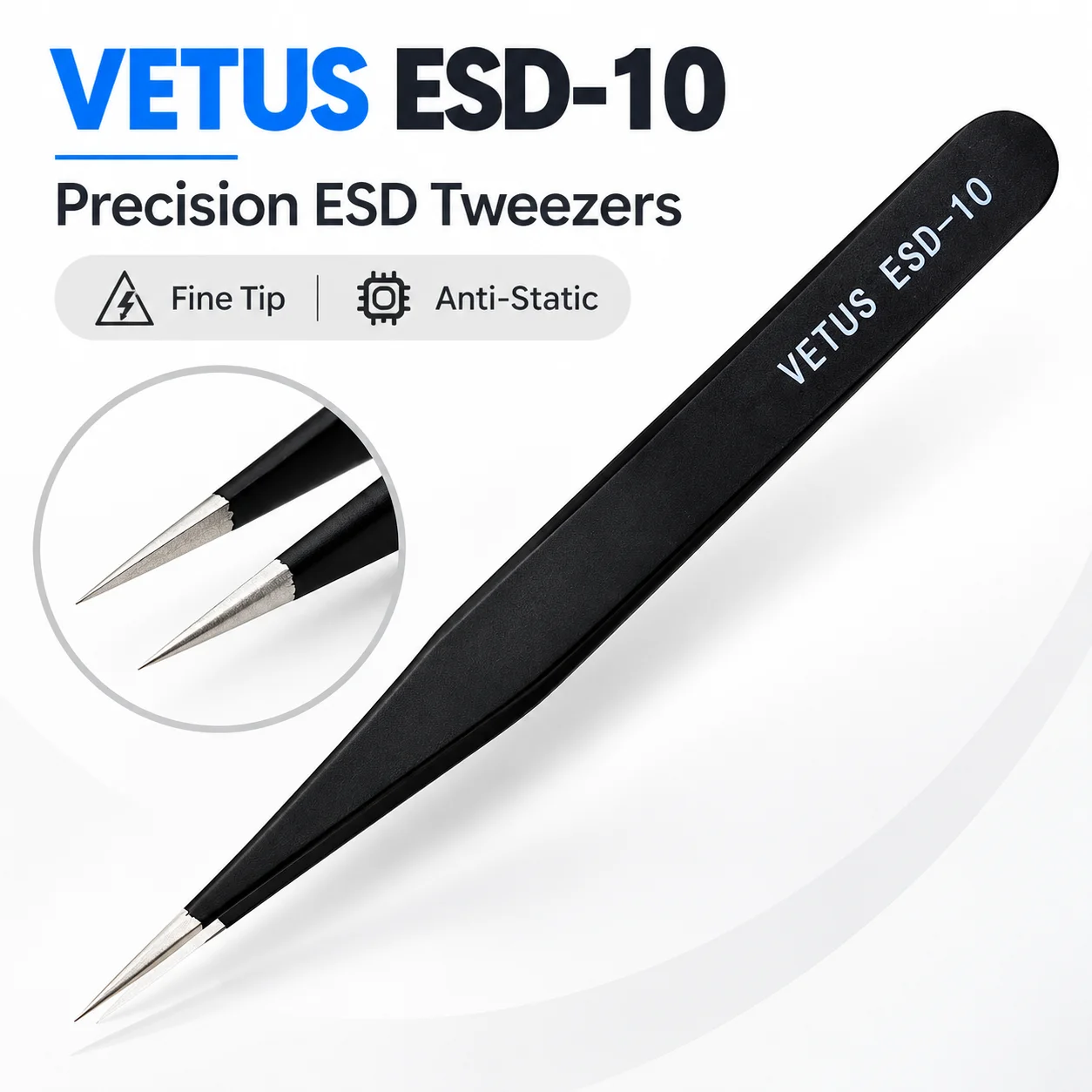 VETUS ESD-10 Präzisions-ESD-Pinzette Antistatisch Feine Spitze Edelstahl für PCB SMD Elektronik-Lötarbeiten und Reparaturen – Detail 6