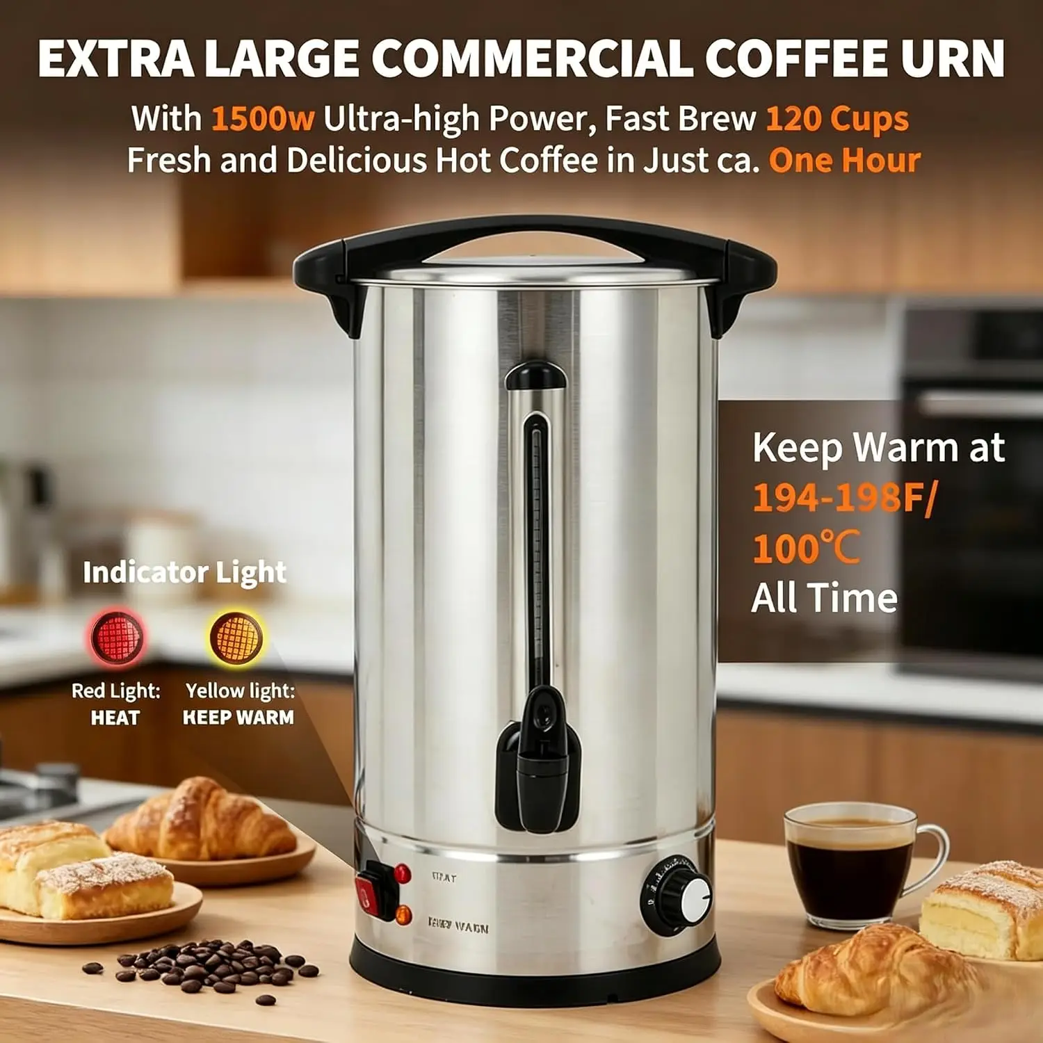 Tacleekii 18L Commercial Coffee Urn 120 Cup Quick Brew & Keep Warm Double-Wall Stainless Steel Percolator Dispenser, Hot Water Urn for Tea, Events, Catering, Parties and Offices