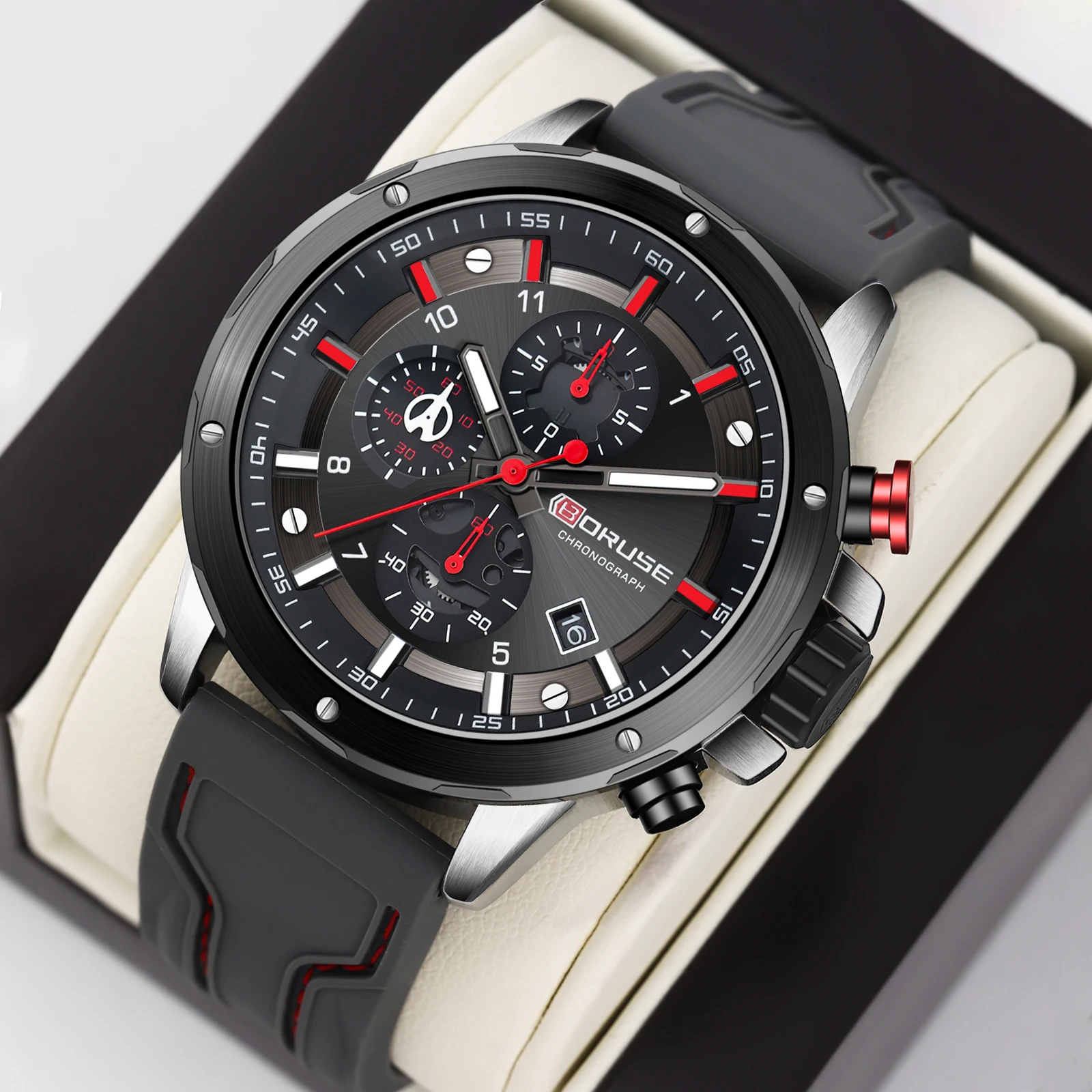 BORUSE Erkekler Moda Lüks Kronograf Kuvars İzle Siyah Silikon saat kayışı Büyük Arama Askeri kol saati Erkekler için Su Geçirmez