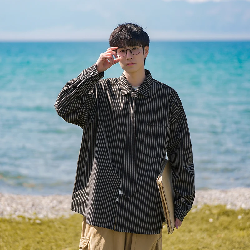 

Teenage Men's Striped Shirt Cool Handsome Japanese Style Cityboy Jacket Spring Vintage Shirt Loose Fit Contrast Color Iron Free