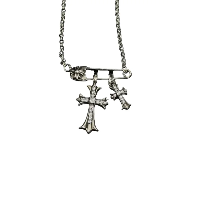 

Silver-Tone Safety Pin Double Cross Pendant Necklace with Clear Rhinestones – Edgy Gothic Statement Jewelry