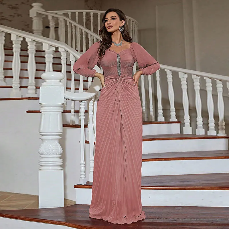 UNI Fashion Evening Dress Women Abaya Floor-Length Dresses Elegant Robe Bridal Dress Chiffon Lantern Sleeves Slim Beaded Dress