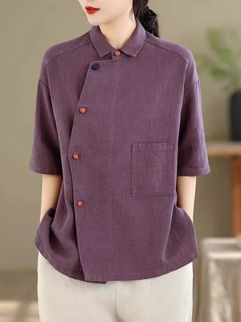 

Женская льняная блузка в китайском стиле с воротником-стойкой, контрастной планкой и короткими рукавами, летняя повседневная рубашка для отпуска в стиле дзен j132