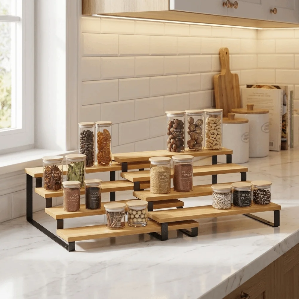 Bamboo 3 Tier Spice Rack Detachable Space Saving Expandable Step Storage Rack Large Capacity Spice Condiment Shelf For Kitchen