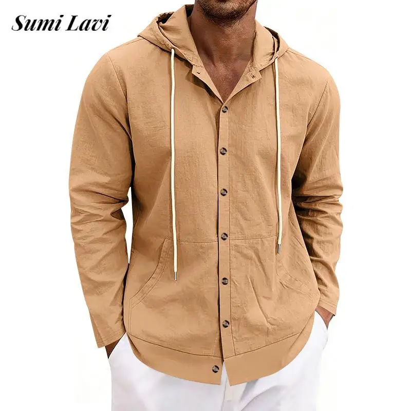 

Daily Leisure Loose Linen Shirt Tops Mens Vintage Solid Color Buttoned Drawstring Hooded Shirts Men Casual Long Sleeve Cardigans