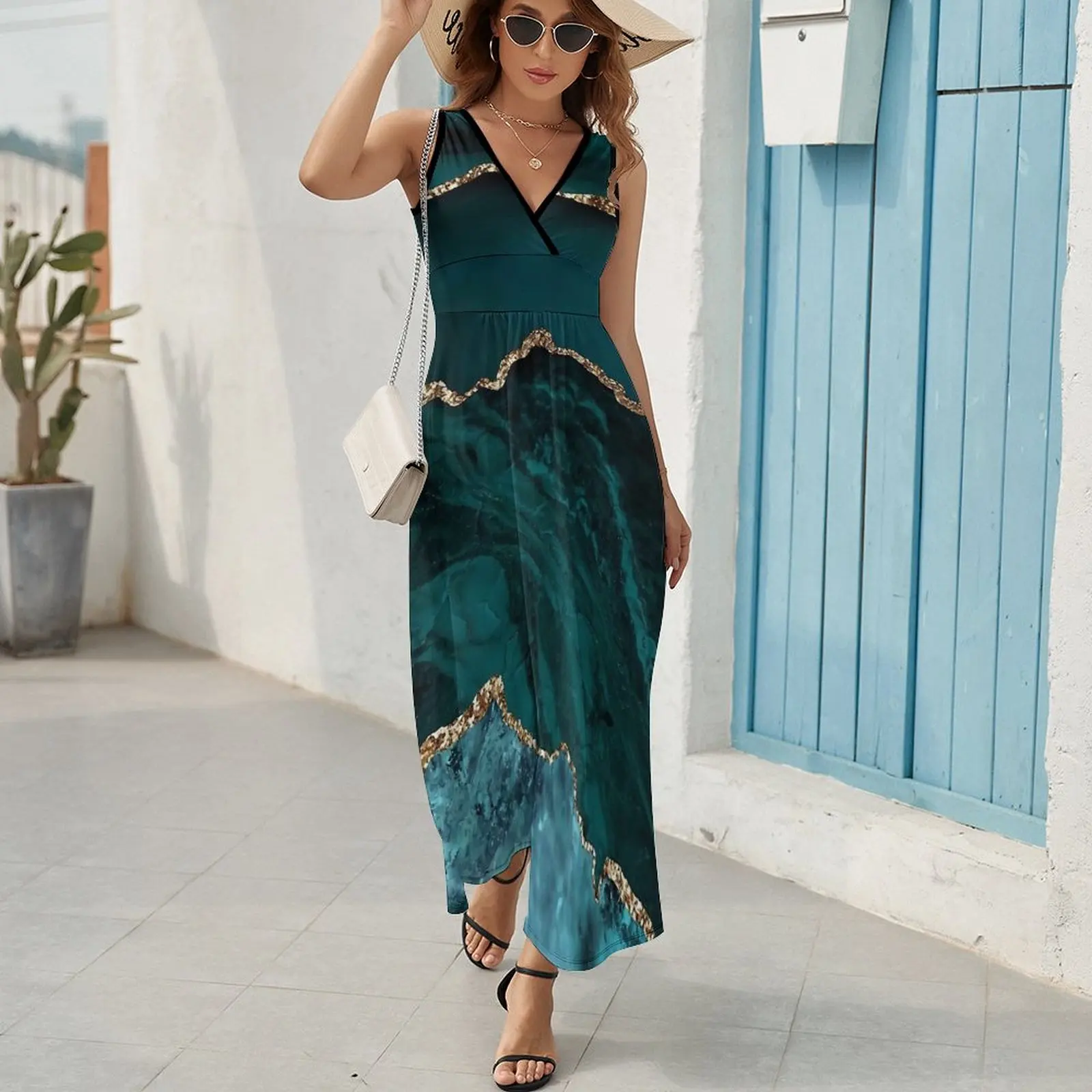 Blue และ Teal หินอ่อนพิมพ์ชุด Streetwear Boho Beach ชุดยาวสตรี Kawaii พิมพ์ Maxi ชุดไอเดียของขวัญ