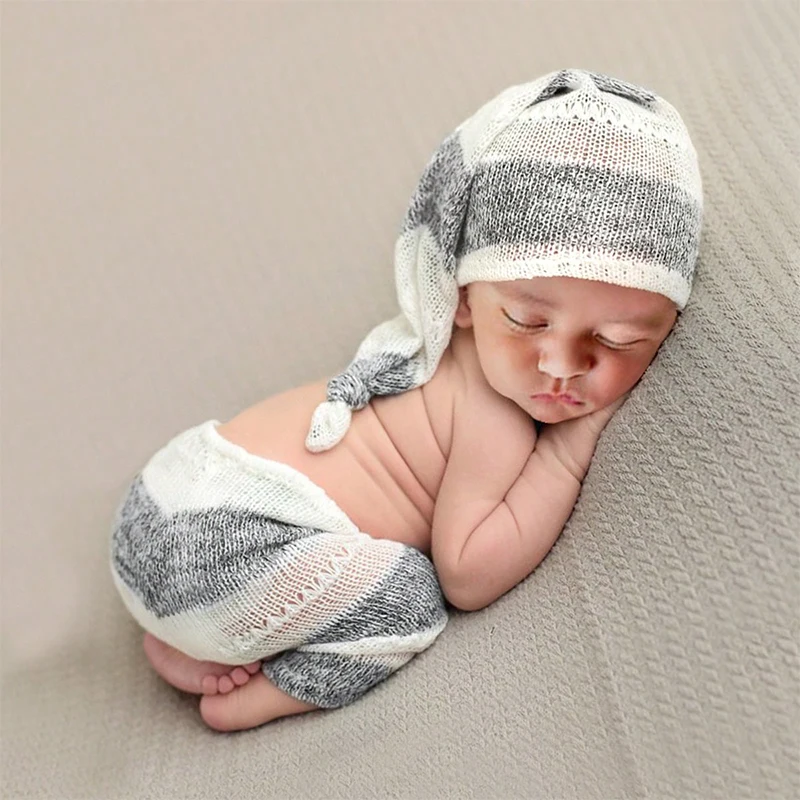 Ylsteed Knitting Newborn Boy Photography Costume Infant Striped Pants and Sleepy Knot Hat Set Baby Photo Props Picture at Home