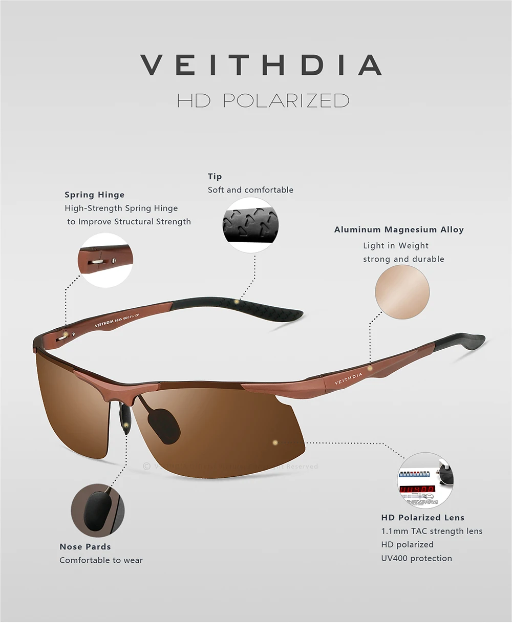 VEITHDIA Marken-Sonnenbrille aus Aluminium für Herren, polarisierte UV400-Gläser, randlos, zum Fahren, Angeln, Sonnenbrille, Sportbrille für Herren, V6535 – Detail 5
