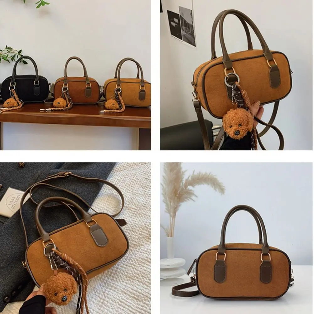 Elegancka torba bowlingowa z ekoskóry i zamszu, torebka typu Boston z PU w jednolitym kolorze, koreańska torba na ramię o dużej pojemności, streetwear