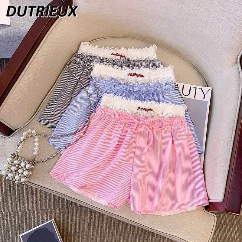 White Lace Embroidery Base Shorts for Women Summer Sweet Girl Cute Lace-up Striped Home Elastic Waist Casual Short Pants