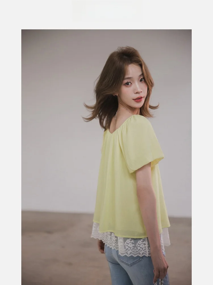 

Новый женский летний топ Oxygen Little с квадратным вырезом, кружевной отделкой, пэчворком и рукавами-фонариками, прямого кроя