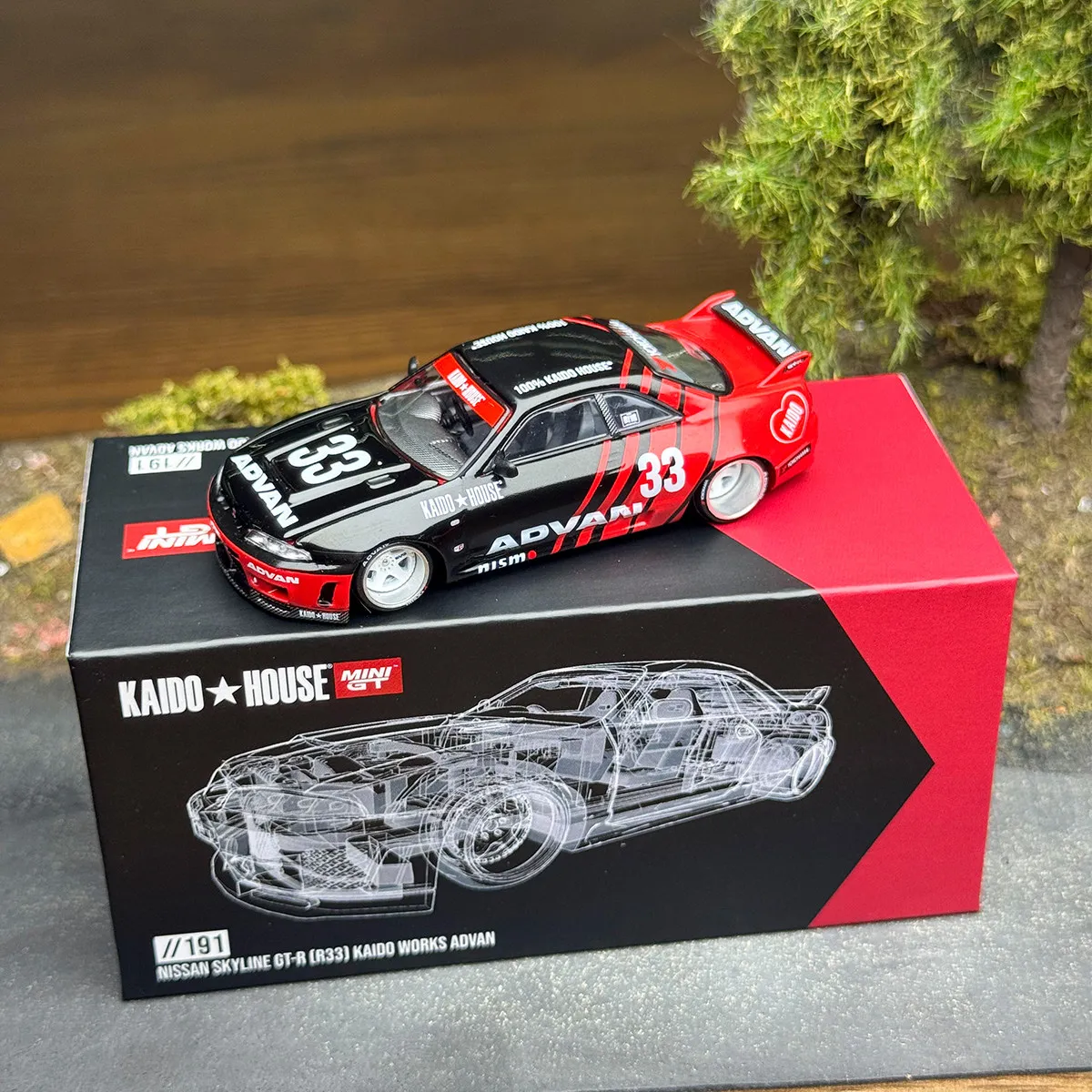 

Kaido House + MINIGT Nissan Skyline GT-R (R33) Kaido Works ADVAN KHMG191-CH Alloy Toys Motor Vehicle Diecast Metal Model