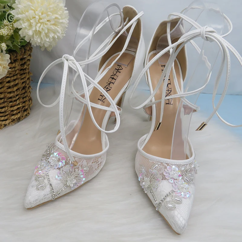 Bling Bridal Shoes Fashion Sandals Woman Thin Heel Pearl Crystal Party Dress Shoes Woman High Pumps Ankle strap Pointed To Highe