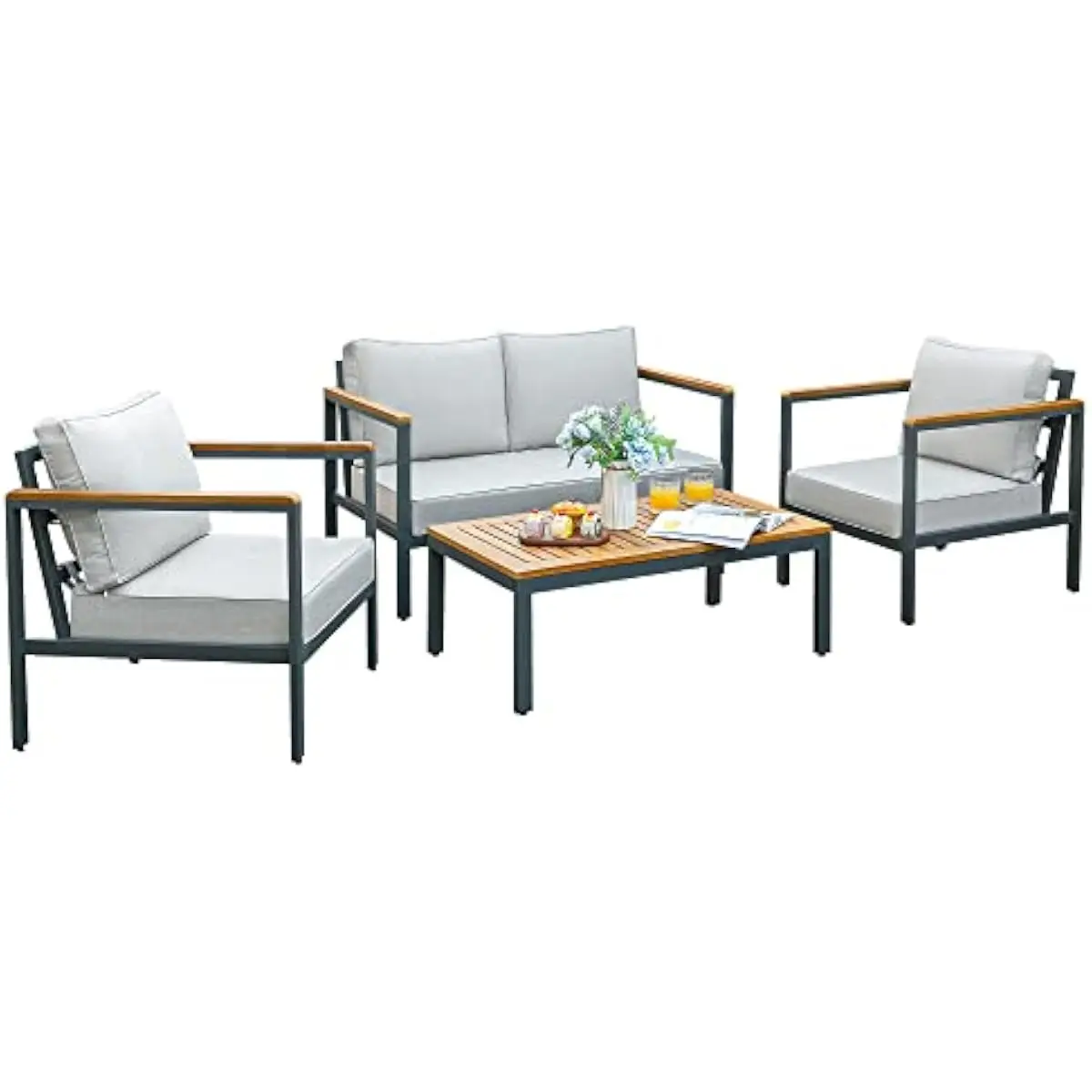 4-Piece Modern Outdoor Lounge Set Featuring Acacia-Trimmed Metal Frames Grey Textile Cushions 4-Inch Thick Ergonomic Seating Cof